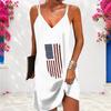 Women Plus Size V Neck Double Straps Sleeveless American Flag Printed Navy White Mini Dress