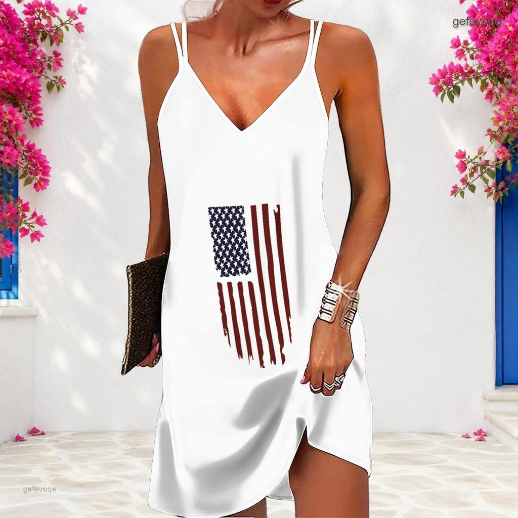 Women Plus Size V Neck Double Straps Sleeveless American Flag Printed Navy White Mini Dress