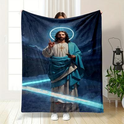Jesus Pattern Blanket With Phone And Halo Element Printed Blanket for Living Room Bed Couch Lunch Break Soft Cozy Blanket for Friend's Festival Gift