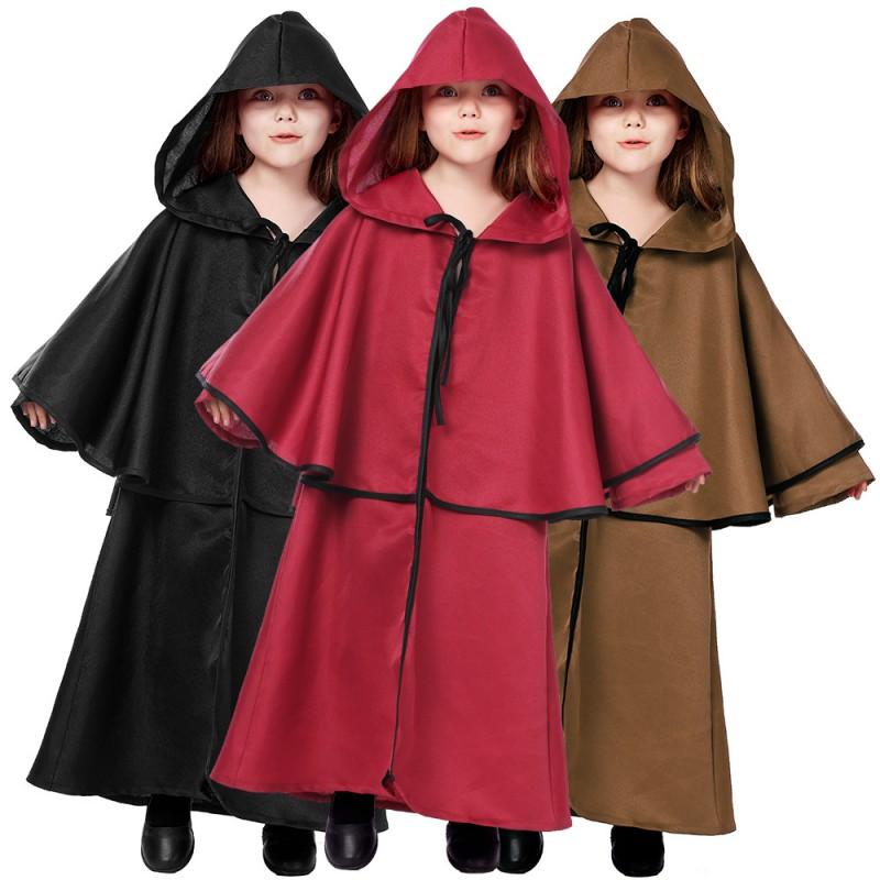 Medieval Style Hooded Cloak With Ruffled Trim Kids Halloween Costume Party Cosplay Outfit