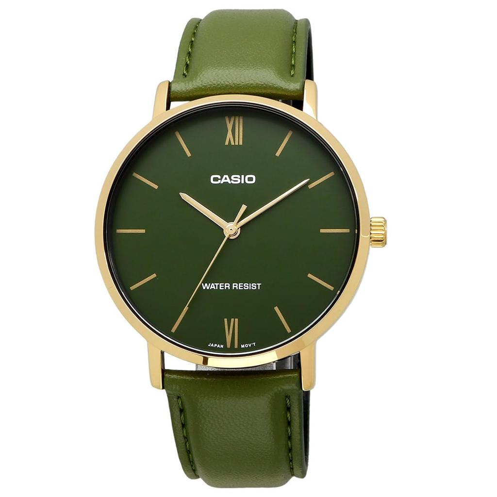 Casio Кварцевые часы MTP-VT01GL-3B Золотой x Зеленый кожаный ремешок