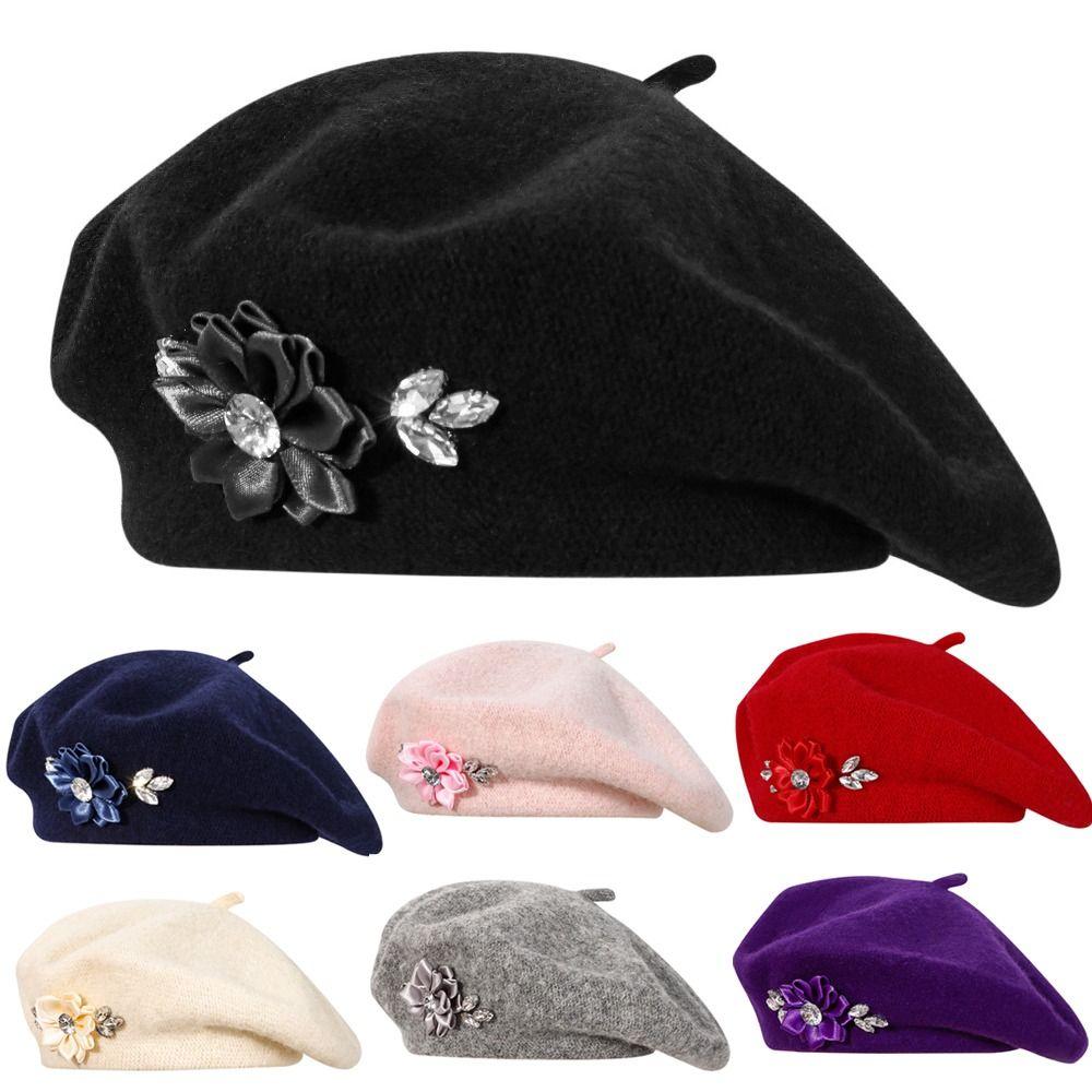 Soft Wool French Style Cap Crystal Embellishment Painter Beret Hat Multi-Color Beret For Women