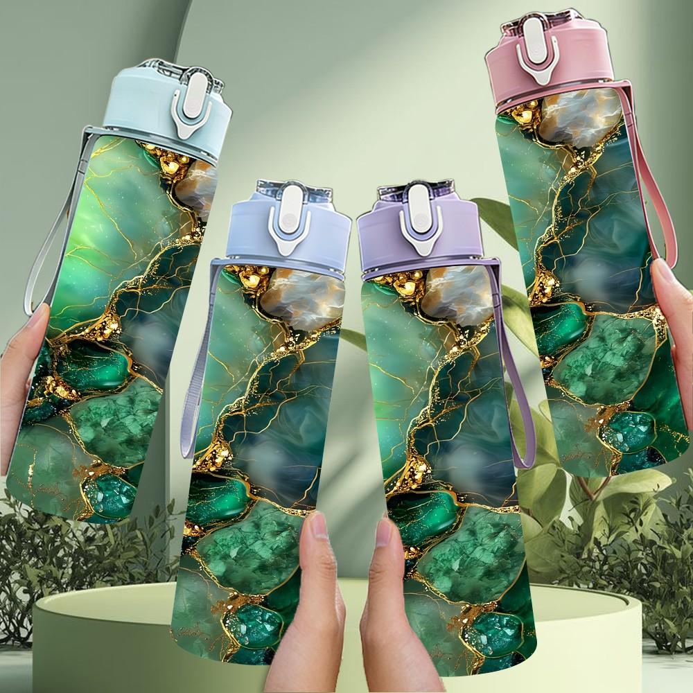 1PC Green Gemstone Gold Marble Pattern 750ml Color Plastic Sports Water Bottle Leakproof Flip Straw Lid Suitable for Sports Office Home Use