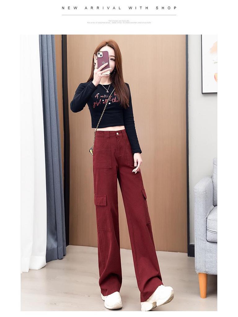 Women's Burgundy High-Waist Wide-Leg Pants - Slimming & Versatile for Spring/Autumn 2025