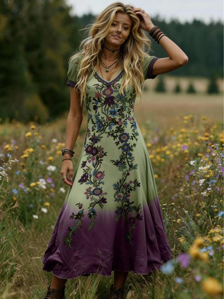Bohemian V-Neck Floral Gradient Long Dress for Women - 2026 Edition