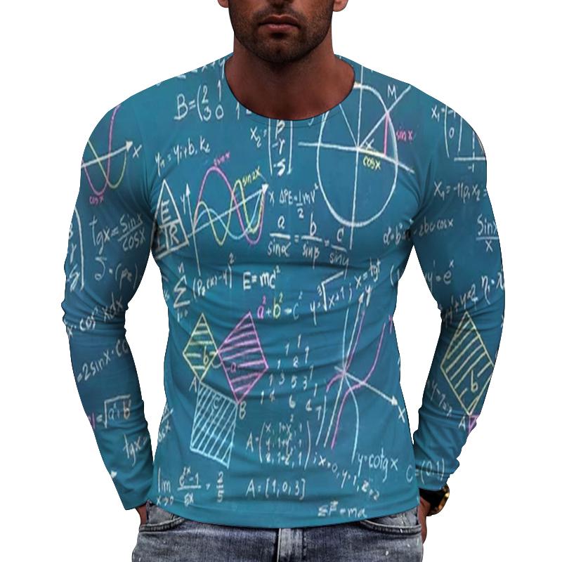 Fun Mathematical Formula Pattern Men's Long Sleeved Casual T-shirts - Soft Medium Stretch Polyester Fabric Spring and Autumn Relaxed Fit Clothing
