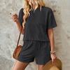 Женская мода, сплошной цвет, волнистый узор, круглый вырез, короткий рукав, шорты с эластичной резинкой на талии, костюм из двух предметов