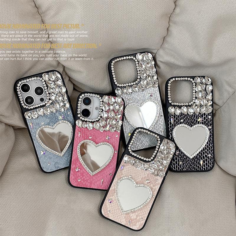 Чехол для мобильного телефона Rhinestone Love Mirror для IPhone17promax Кожа для Apple 16 Женская модель 15 Индивидуальность