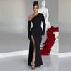 Fashion High Waist Sexy Party Black Dress Women Elegant Single Sleeve Slit Long Dresses Women Casual Slim Fit Skew Collar Women's Evening Dress 25753