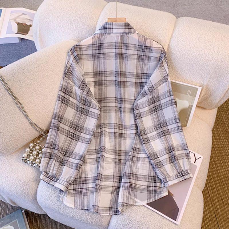 Summer Womens Lightweight Checkered Shirt Long Sleeve Open Front Cover Up Blouse Thin Breathable Top