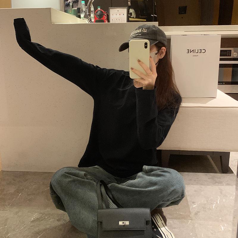 Round Neck Fashionable Loose White T-shirt with Long Sleeves for Women's New Korean Style Lazy Autumn and Winter Bottoming Shirt Top