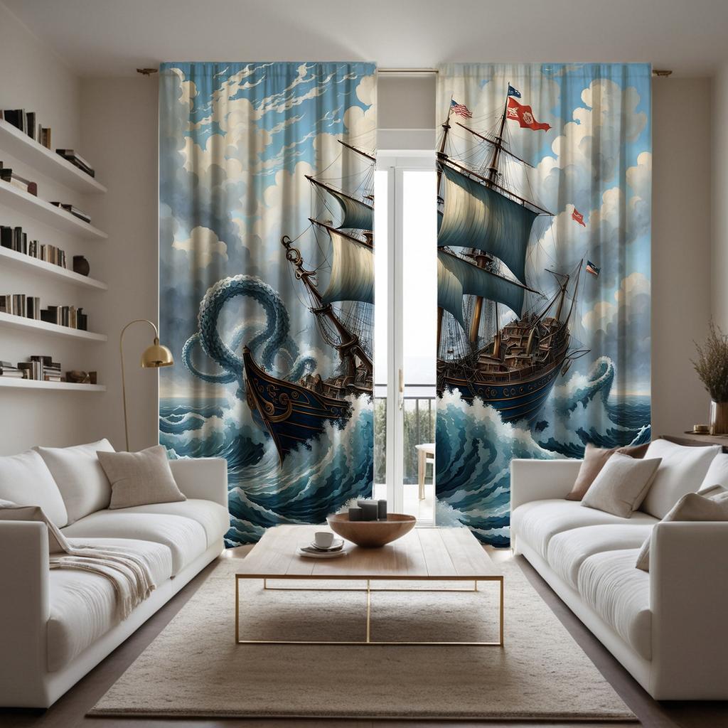 2 Pieces of High Definition Sea Sailboat Decorative Curtain Blue Tie Digital Printed Curtain Home Decoration Style Decoration Li