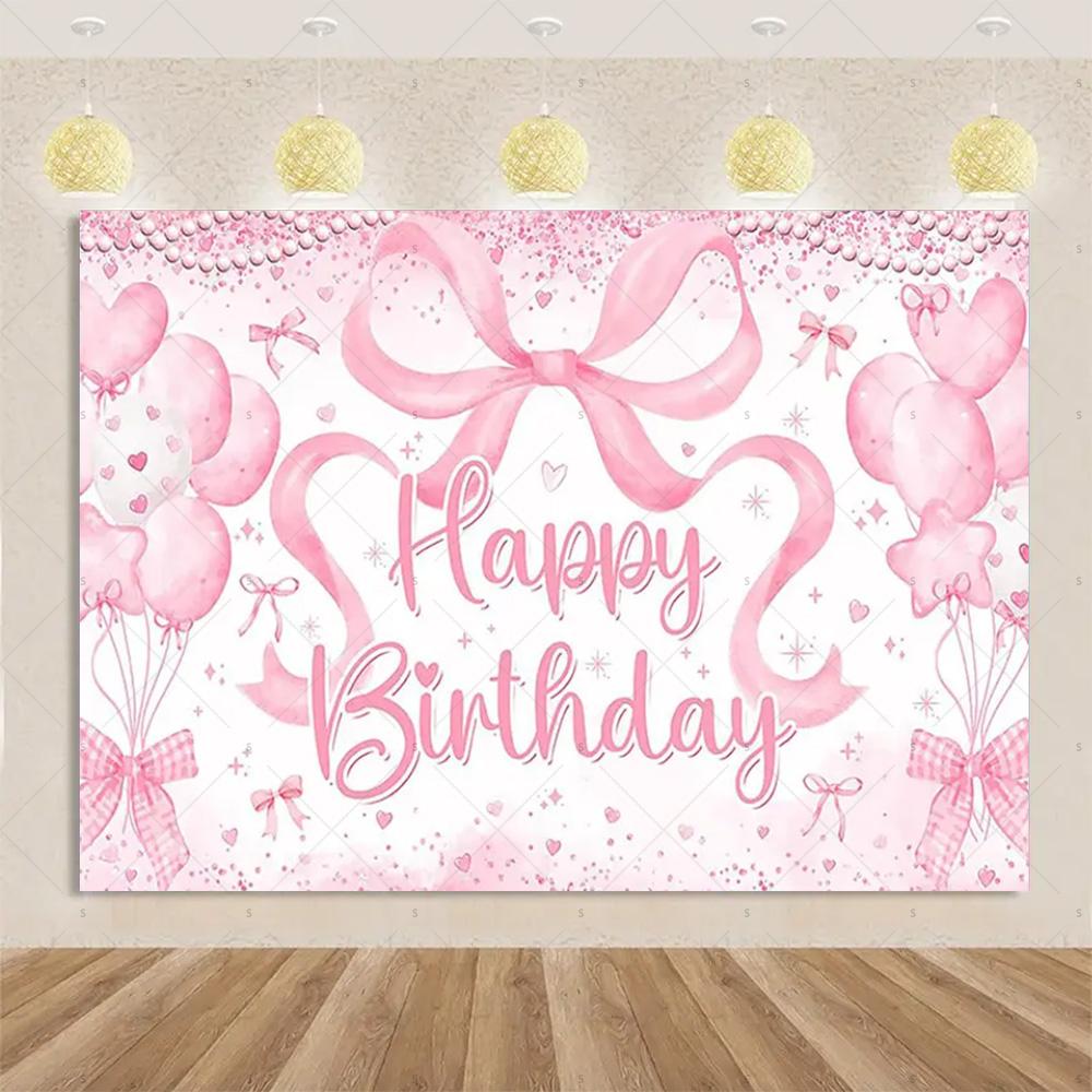 Pink Bow Tie Background Banner Girls Birthday Party Decorations Balloon Flower Photography Backdrop Supplies Photo Shoot Props