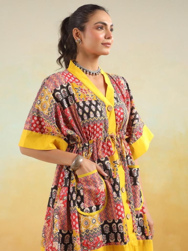 Верхняя туника из хлопка с ручным принтом, кафтан, туника из хлопка с карманами, свободного кроя, туника свободного размера, красно-желтый кафтан, ограниченный тираж