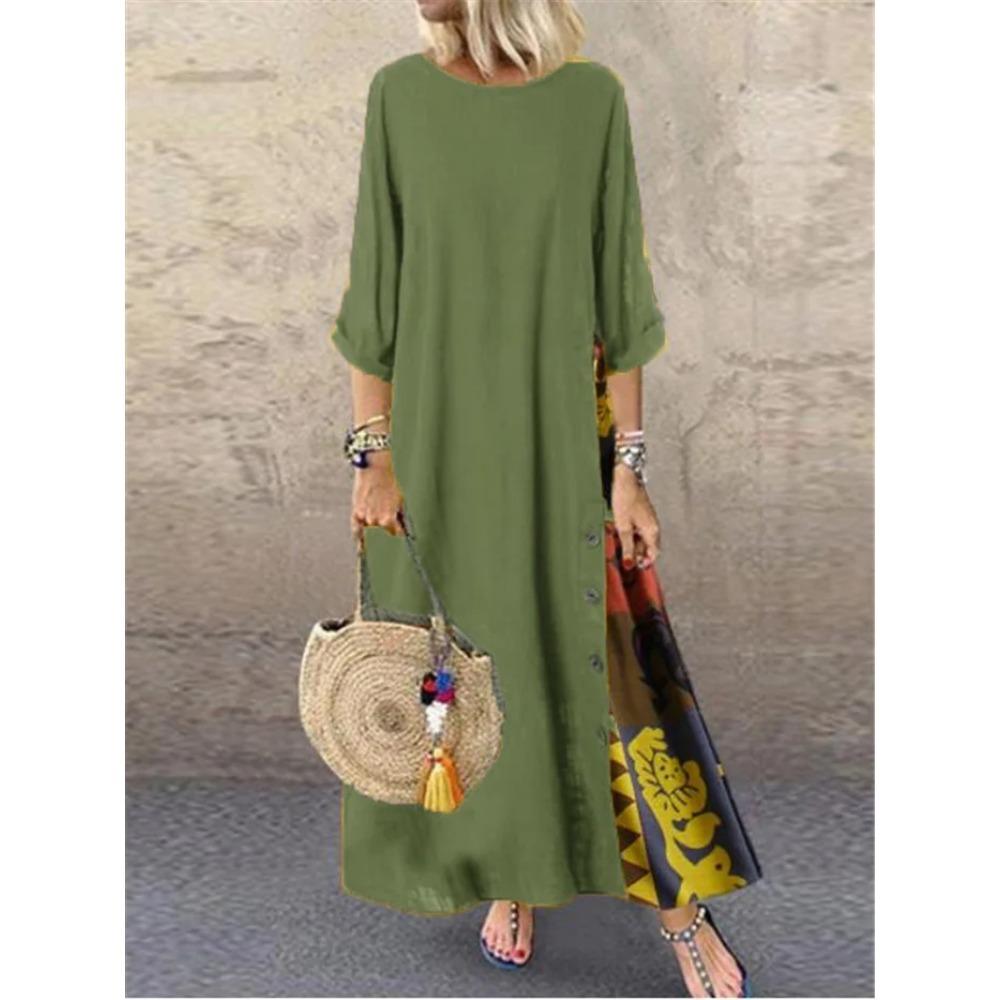 Хлопок лен винтажные длинные платья женские рукава три четверти с принтом свободного покроя А-силуэта модное повседневное женское макси платье