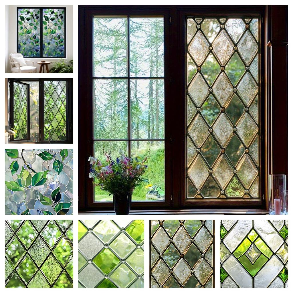 Стеклянное окно с зелеными листьями Европейский ретро-стиль - Съемная наклейка - ПВХ наклейки для гостиной и двери ванной комнаты 1 штука