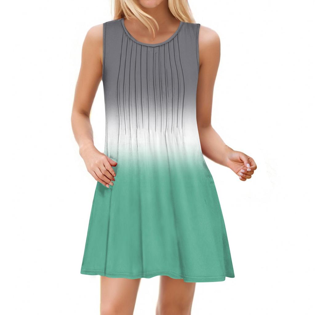 Ladies Fashion Summer Gradient Print Dress Loose Beach Vacation Casual Sleeveless Sundress