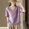 New Retro Cotton and Linen Top Women's Loose and Thin V-neck Short-sleeved Jumper Casual Solid Color T-shirt Linen Shirt Summer