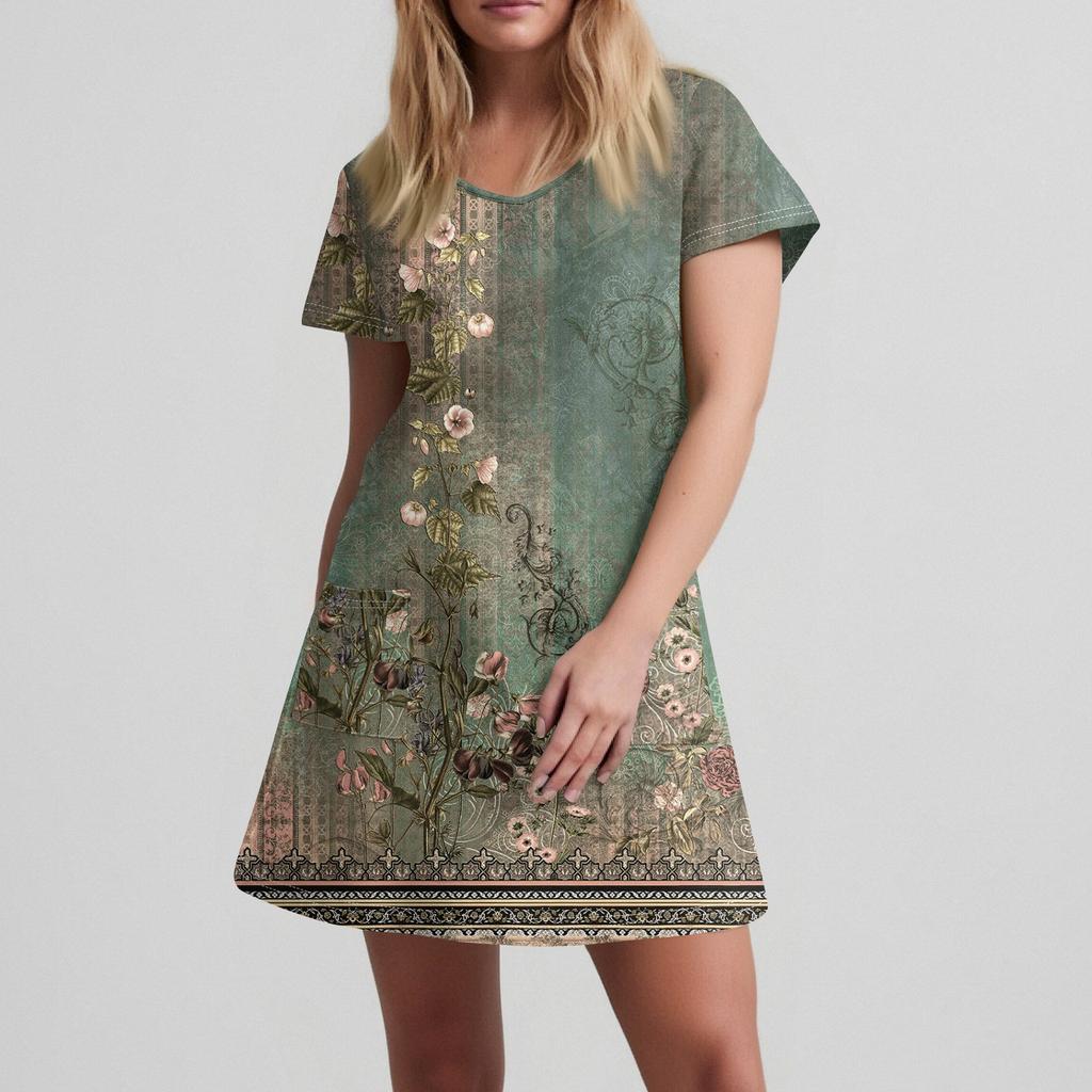 Ladies' Casual And Fashionable V-neck Short Sleeve Printing Mid Length Dress