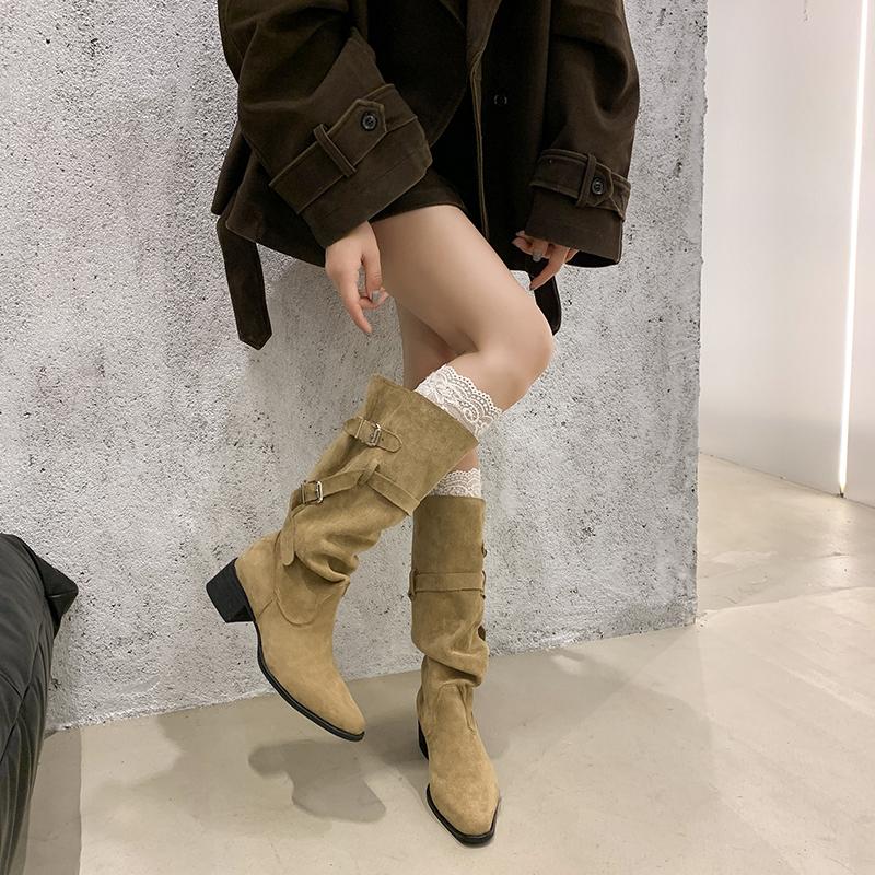 Новый стиль Роскошная женская мода Острый ковбойский грубый каблук Наборные ботинки Без колена Широкое голенище Женский ботинок Mujer