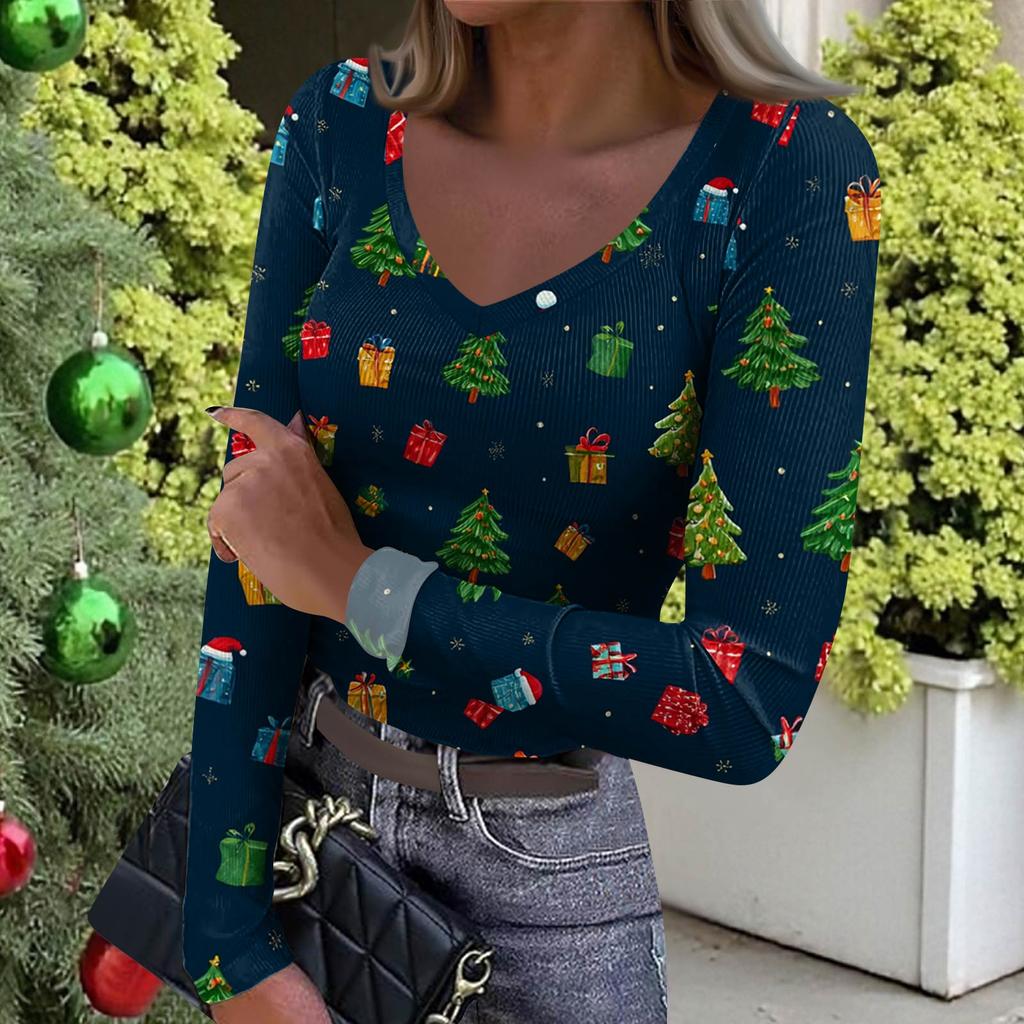 Women's Winter Slim-Fit Base Layer T-Shirt Fashionable Christmas Print V-Neck Pullover Long-Sleeved Top