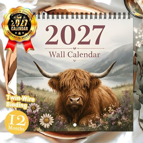 Yearly Planner for Planning 2027 Highland Cow Wall Calendar, 12-Month Farm Landscape with Daily Appointment Tracker Double Coil Binding, Thick