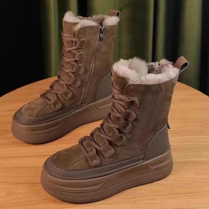 Женские зимние ботильоны на платформе, короткие, плюшевые, дизайнерские, на шнуровке, из хлопка, на среднем каблуке, тренд 2025 года, зимние, теплые, для ходьбы, Botas Mujer