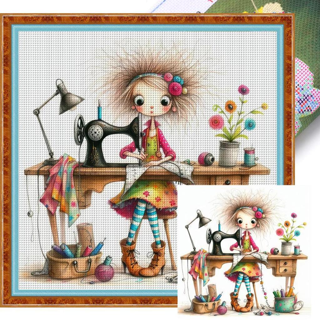 Полная вышивка хлопковой нитью 11CT Набивной набор для вышивания крестом с изображением девочки Искусство 40x40см