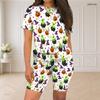 Women Plus Size White Halloween Printed Round Neck Short Sleeve Top Fitted Shorts Two Piece Set