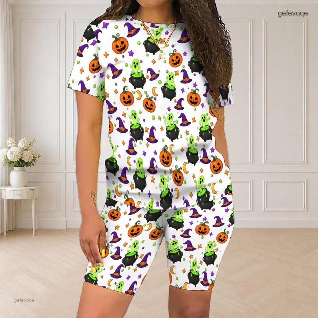 Women Plus Size White Halloween Printed Round Neck Short Sleeve Top Fitted Shorts Two Piece Set