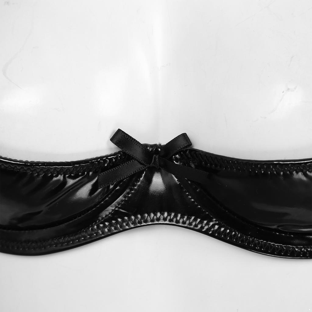 Women Glossy Patent Leather Underwired Bra Underwear Adjustable Shoulder Straps Unlined Brassiere