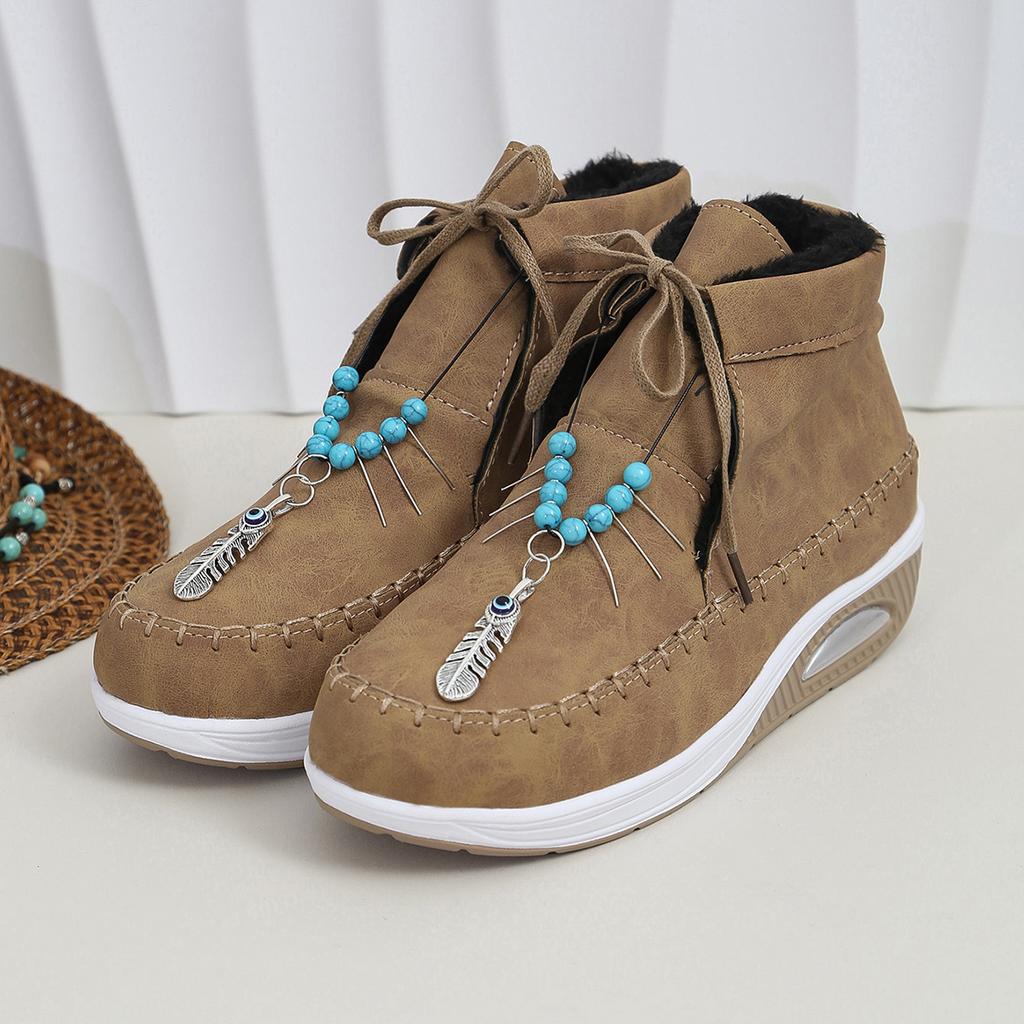 Aphixta Plush Lining Warm Winter Shoes Woman Lace Up Height Increasing Chunky Sole Ankle Boots Ethnic Big Size 43