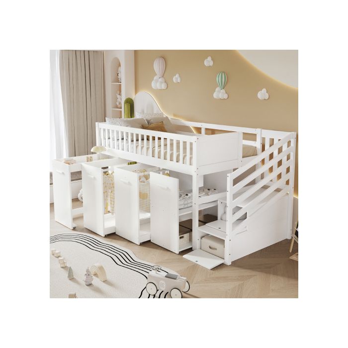 Двухъярусная кровать - Многофункциональная - Белая - Встроенный письменный стол - Шкафы для хранения - Повышенная безопасность