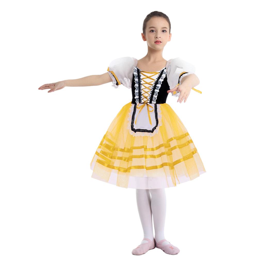 Girls Puff Sleeve Layered Tutu Dress Lace Trim Velvet Bodice Lace Up Back Ballet Costume