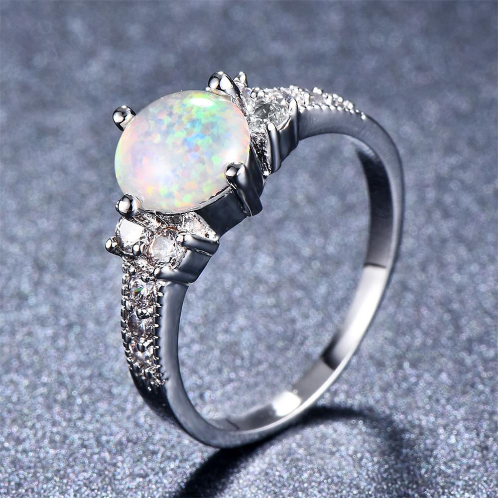 Классические кольца с четырьмя когтями и круглым камнем из белого огненного опала для женщин, винтажное цветное обручальное кольцо, помолвочное обещание, ювелирные изделия, подарки