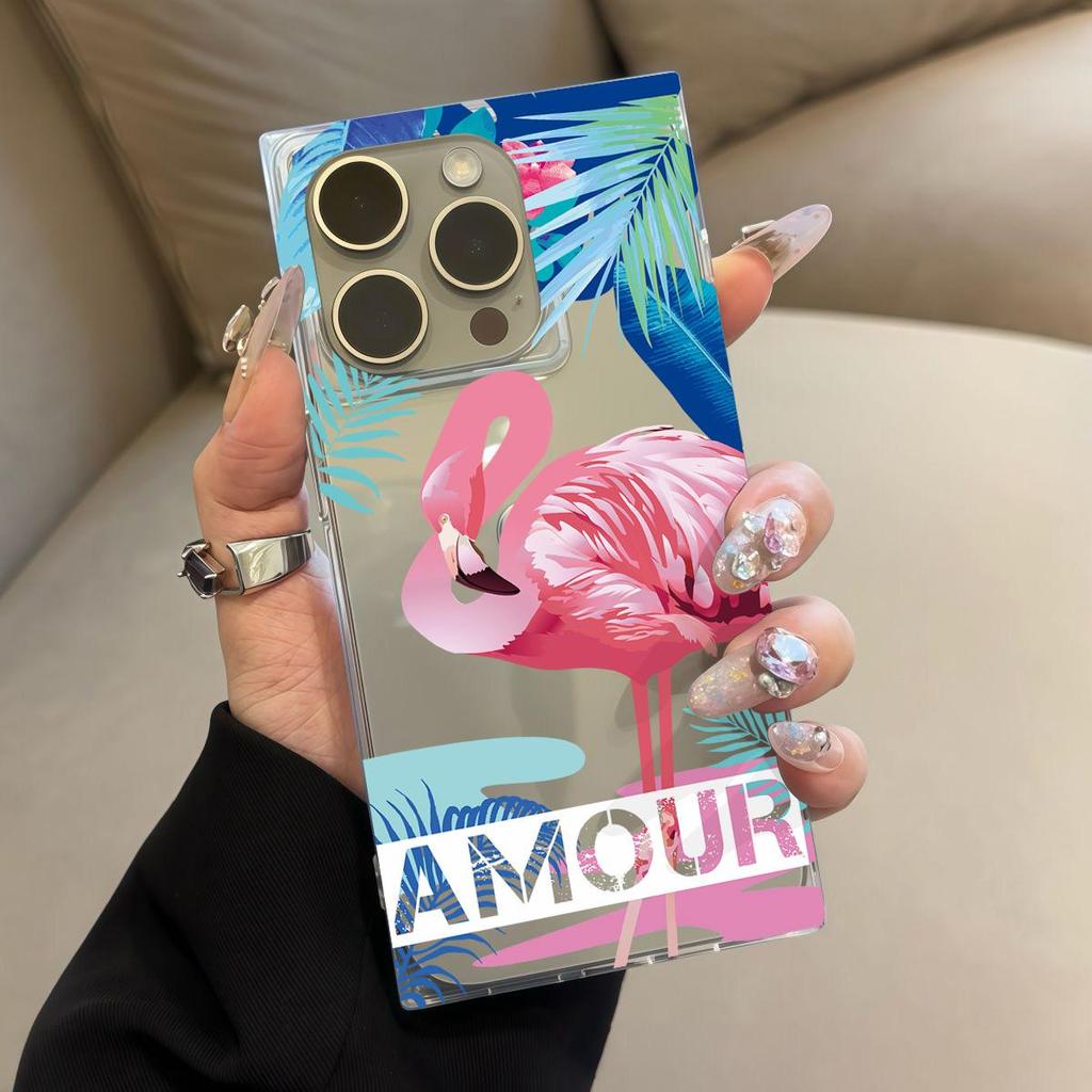 Clear Square Back Tube Case Protection For iPhone 13 12 16 ProMax 11 14 Pro Max 15 Plus Anti-Oxygen,Large Flamingo Pattern Casing