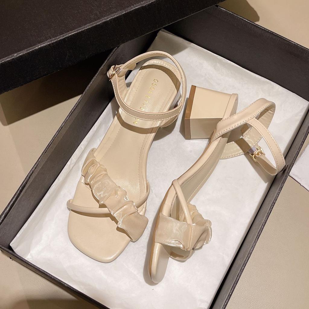 Повседневные простые однотонные сандалии с квадратным носком и открытым носком женские летние новые ремешок с пряжкой на одно слово квадратный каблук модные туфли на высоком каблуке