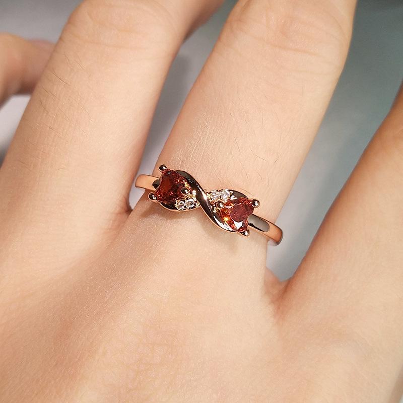 Delicate Double Diamond Pomegranate Red Heart Ring Women'S Double Heart Mobius Rose Gold Plated Love Living Ring