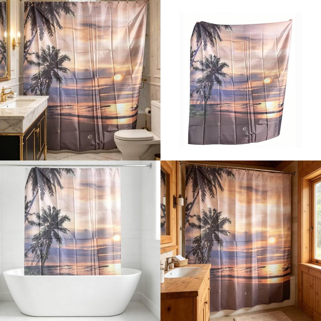Modern Minimalist Beach Scene Shower Curtain With Polyester Fabric For Bathroom Decor