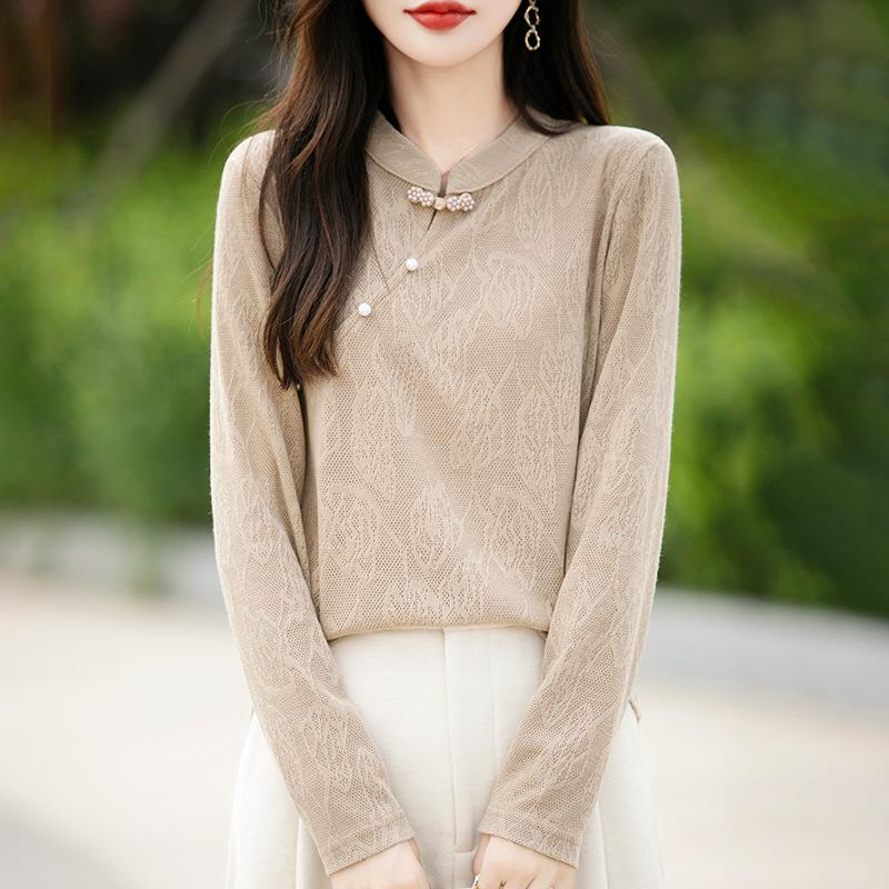 Осень и зима Новый китайский Женский трикотажный топ с пуговицей на пластине Мягкая рубашка в стиле ретро