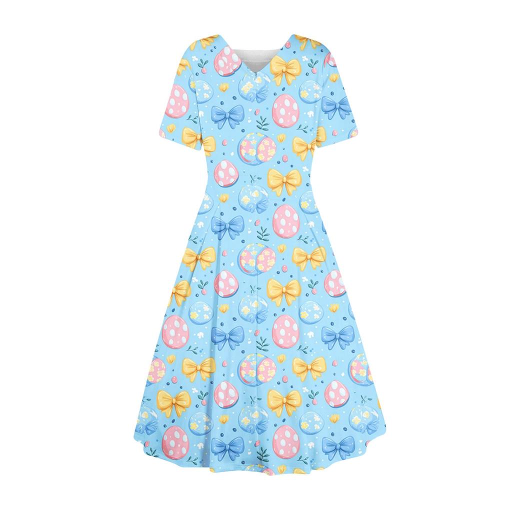 Женское повседневное модное платье с пасхальным принтом, круглое платье с коротким рукавом и талией, средней длины (с молнией)