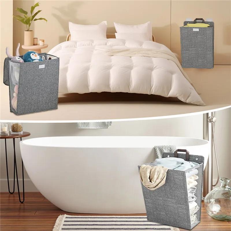 1 Pcs Foldable Adhesive Laundry Basket Hamper Multifunctional Punch Free Wall Hanging Washing Clothes Mesh Hook Organizer