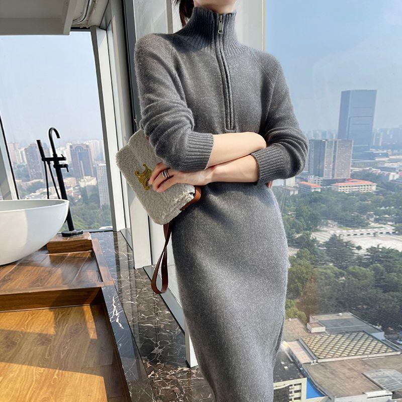 Simple Long Sweater Autumn and Winter Knitted Dress for Women Long Knee-length Zipper Sweater Dress Loose
