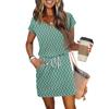 Women's Summer V-Neck Casual Short Sleeve Drawstring With Pocket Vintage Floral Dresses