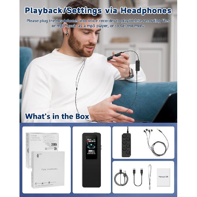 128GB Digital Voice Recorder, 3072Kbps Voice Activated Recorder with Playback, HD Noise Reduction for Lectures Interviews Meetings Classes