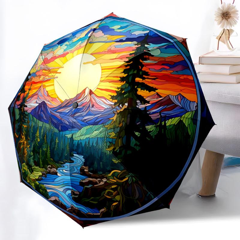 1pc Stained Glass Landscape Folding Umbrella, Durable, Suitable for Outdoor Activities or Rain, Suitable for Commuting yy251027137