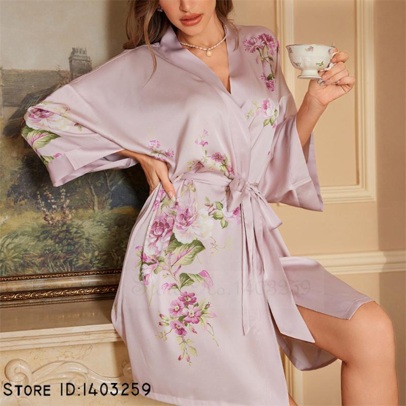 Плюс размер сексуальный женский халат пижамы шелковистый атласный кимоно халат платье юката китайский стиль принт филиал ночная рубашка повседневная домашняя одежда