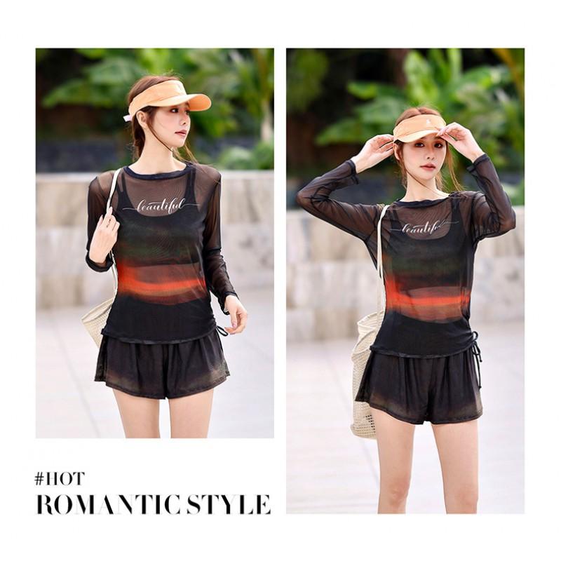 Plus Size Womens 3-Piece Swimsuit Set With Tummy Control Cover-Up Long Sleeve Top Spa Pool