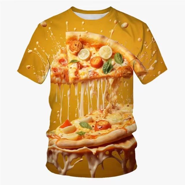 3D Printed Food Pizza T-shirt Men's Casual Summer Short Sleeved T-shirt Street Round Neck Versatile Top