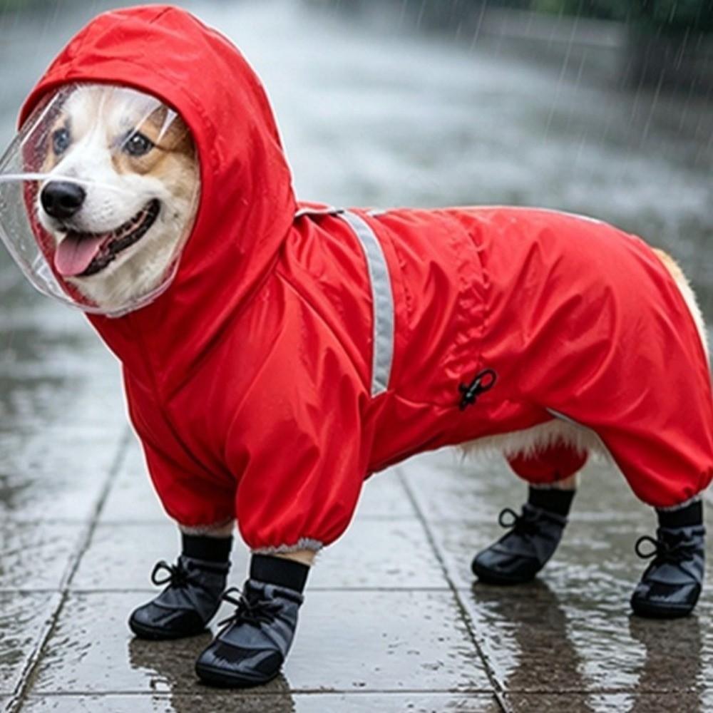 Windproof Dog Hooded Raincoat Reflective Pet Four-legged Raincoat Dog Jacket Dog Poncho Travel